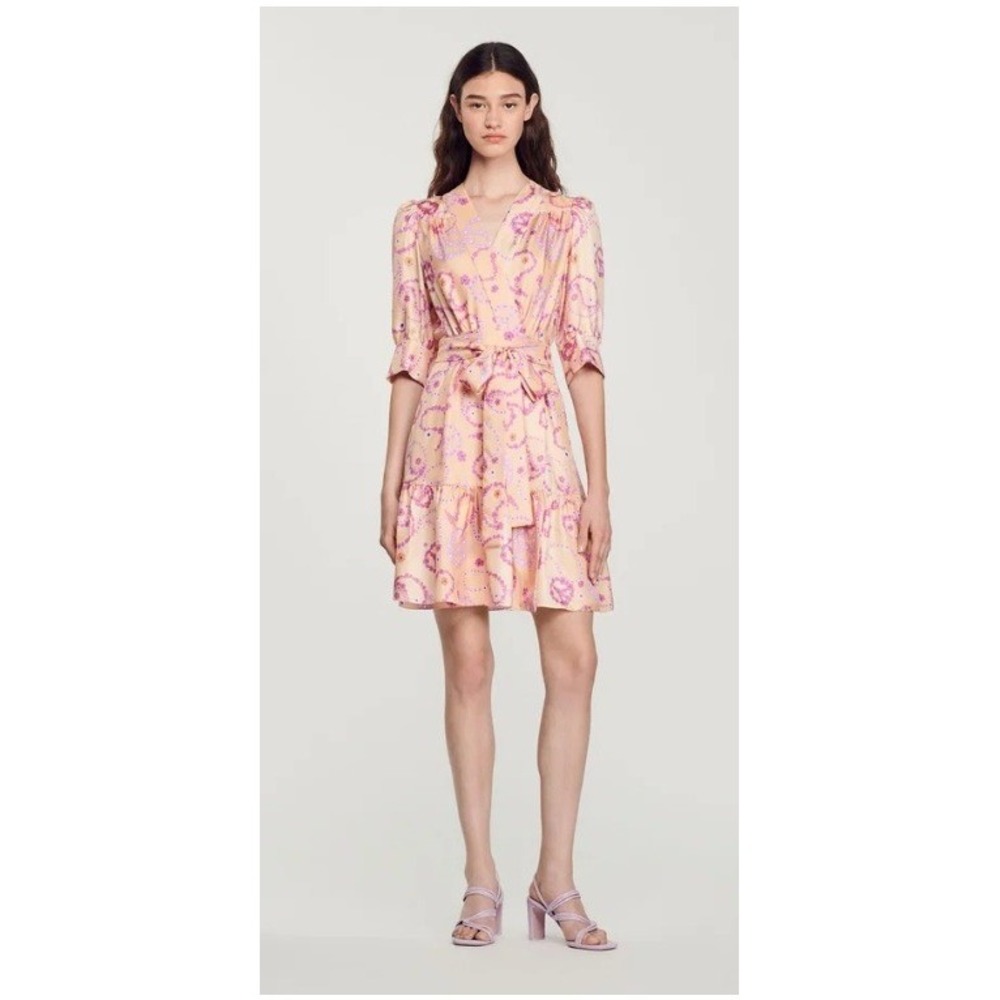 SANDRO Enrie Belted Paisley Print Silk Minidress Garden Party‎ Boho Chic Size 34